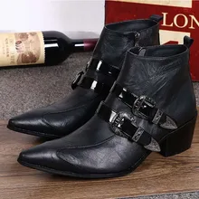 Новинка; Модные Мужские модельные ботинки из натуральной кожи с острым носком и пряжкой; обувь, увеличивающая рост; мужские мотоциклетные ботильоны на высоком каблуке