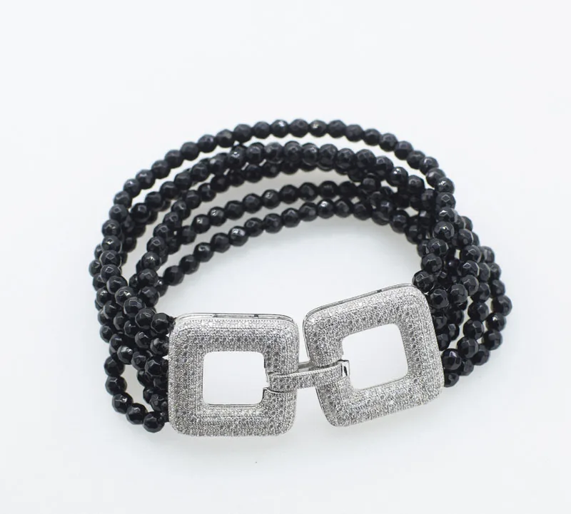

6rows black agate round faceted 4mm +zircon clasp bracelet 7.5inch wholesale beads FPPJ nature