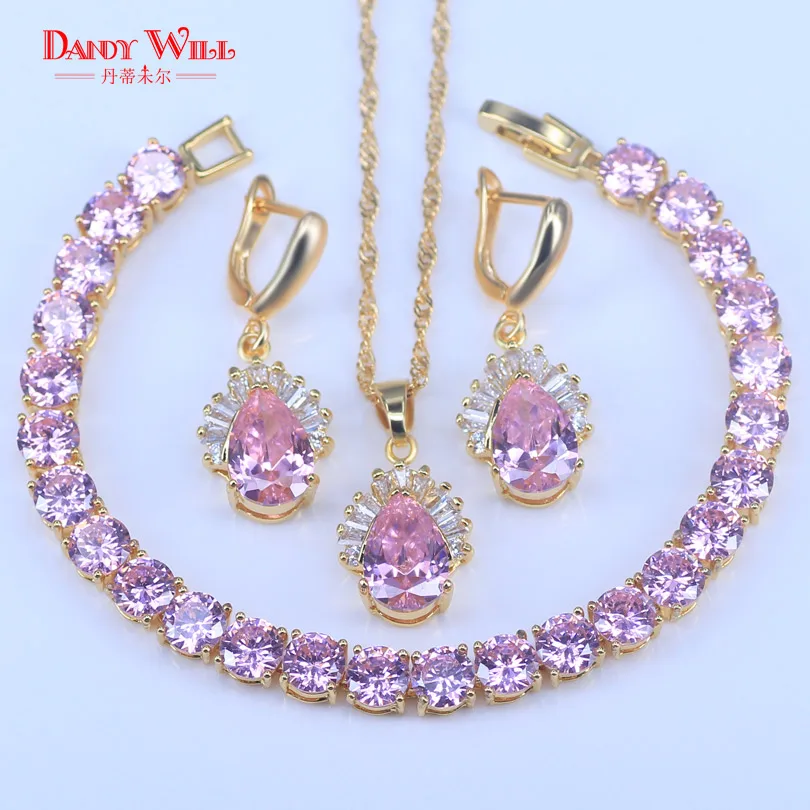 

Pink Cubic Zirconia & Crystal Stones Gold Color Bridal Jewelry Sets For Women Earrings Necklace Pendant Bracelets Set