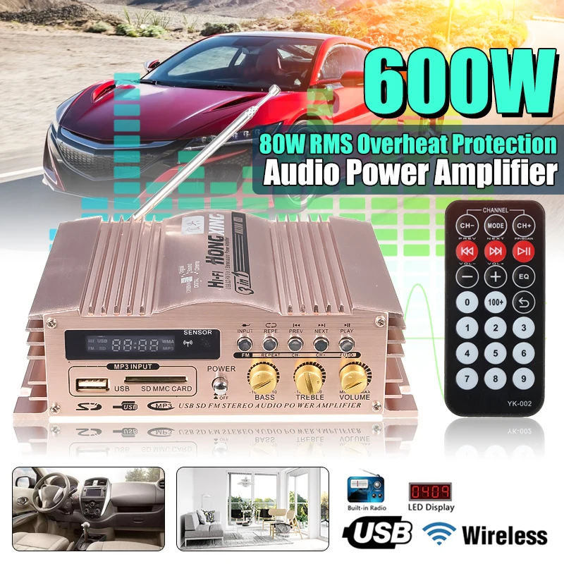 Mini Hi-Fi 600W 2 CH Stereo Audio Power Amplifier USB SD FM for Car Auto 