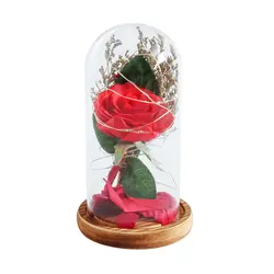 Новая имитация розы украшение подарок на день рождения красная роза с павшим лепестком в стеклянном куполе на деревянной основе для