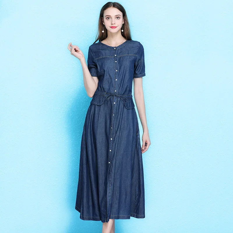

Women's fashion dress summer large size denim dress short sleeve long temperament drawstring waist a-line dress women NW19B6115