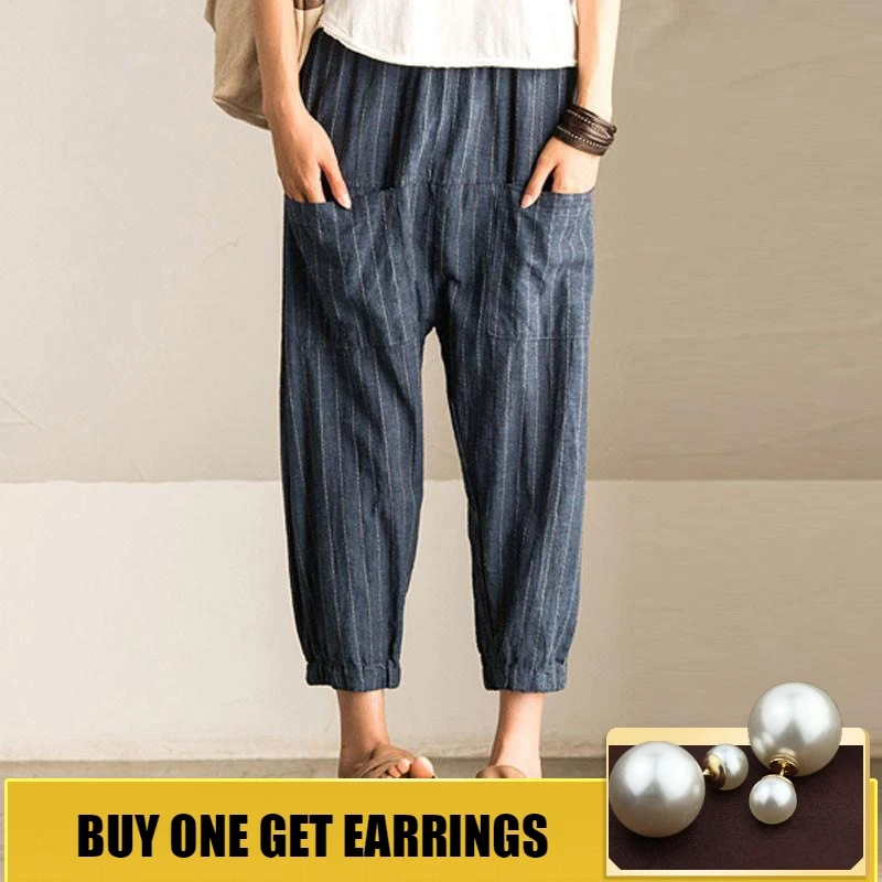 

HOUZHOU 2019 Spring Summer New High Waist Harem Pants Women Jogger Mujer Loose Striped Ankle Length Wide Leg Trousers Pocket
