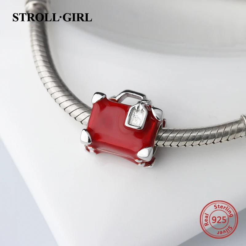 StrollGirl luxury suitcase charms with red enamel 925 silver trunk beads fit original pandora bracelet jewelry making women gift