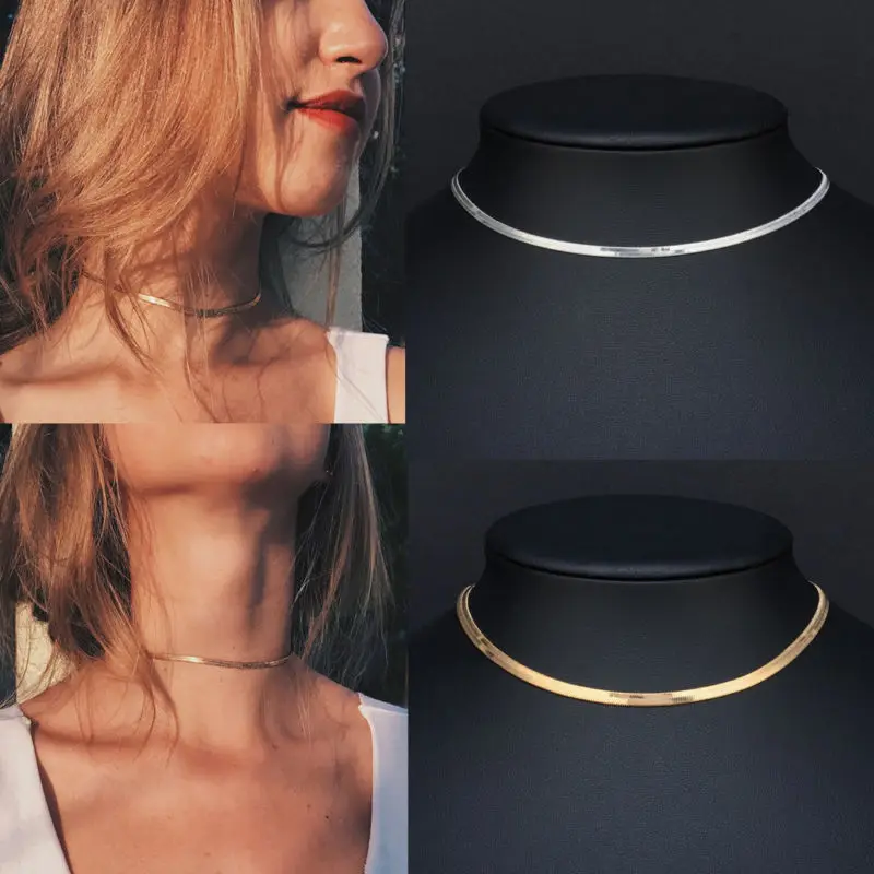 

Chic Flat Snake Bone Herringbone Chain Necklace Choker Gold Silver Jewelry