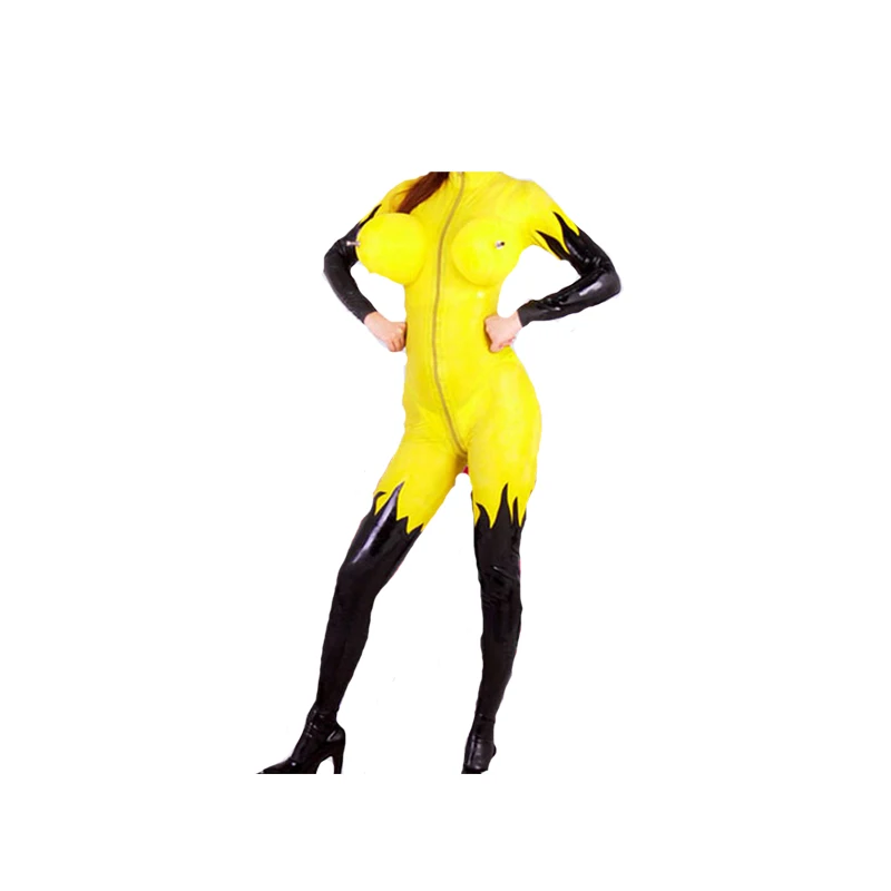 

Latex Rubber Full Cover Catsuit Yellow and Black Long Slevees Double Breast Suit Size XXS-XXL