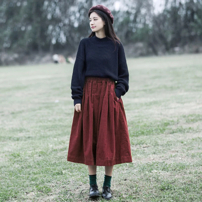 

Mori Girl Autumn Winter Corduroy Pleated A-line Vintage Midi Skirt