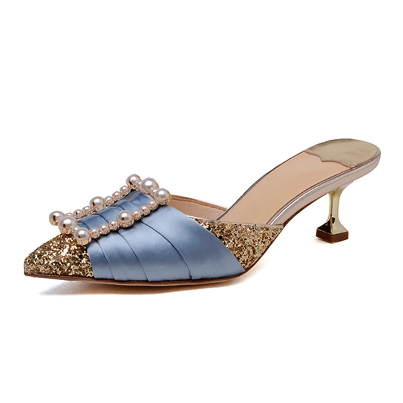 

Summer Style Women Mules 5.5 CM High Heels Pearls Leather Slippers Sexy Pointed-toe Party Pumps Woman Box packing V122