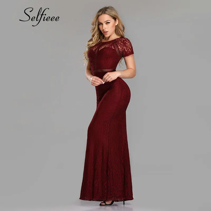 

Robe Sexy Lace Dress 2019 New Arrival Little Mermaid O Neck Short Sleeve Burgundy Party Dress Club Night Elegant Dress Spring