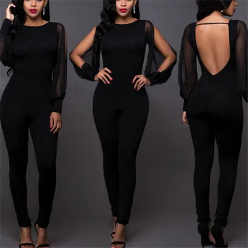 

New 2018 Autumn Jumpsuit Women Sexy Backless Black Patchwork Long Sleeve Back Ladies Silk Mesh Jumpsuit Transparent Long Trouser
