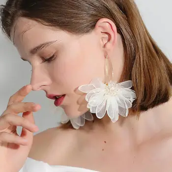 

XIUFEN 2020 Gold Color Dangle Earrings For Women Girl Sweet Fairy Style Fabric Big Petal Flower Long Earrings Female Jewelry