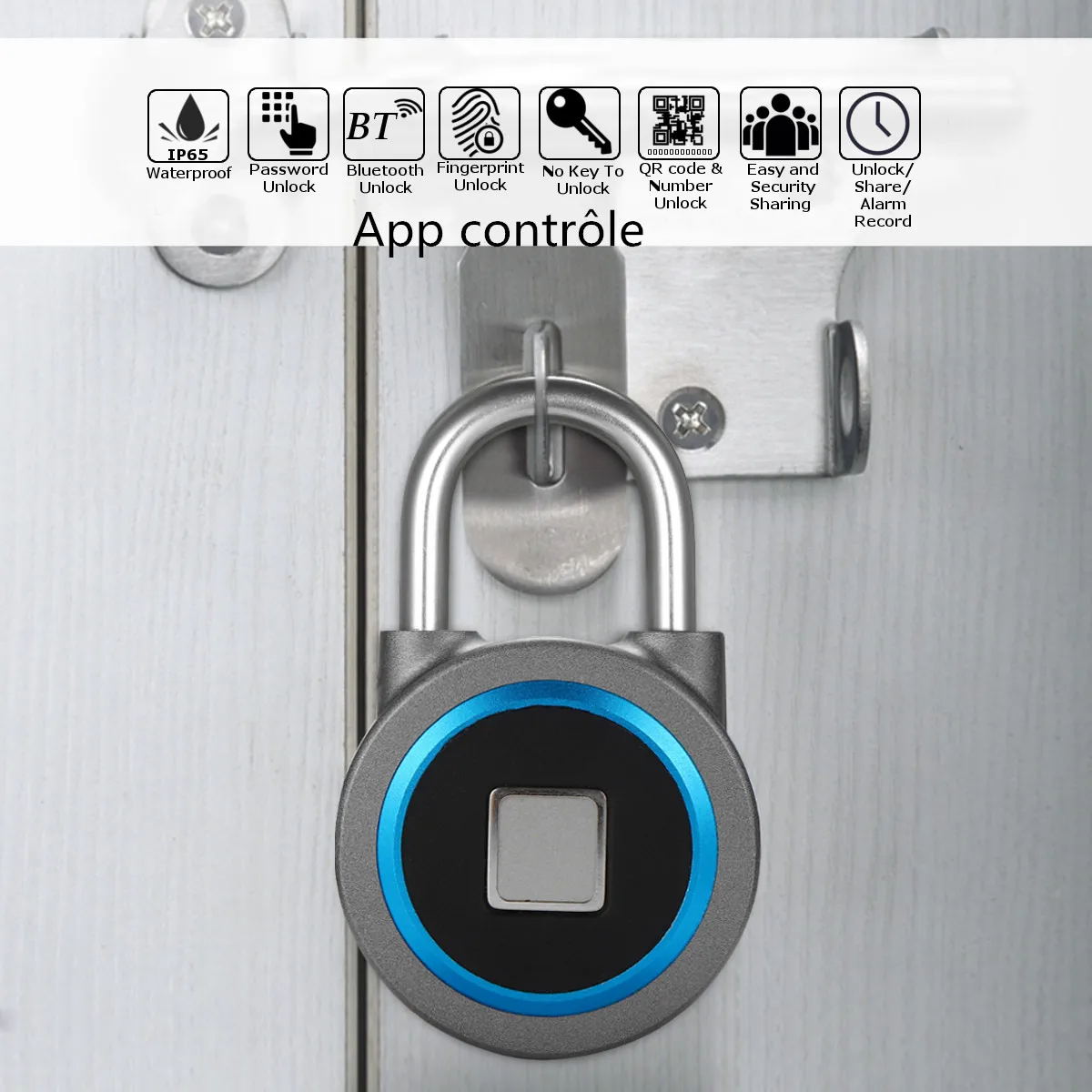 

Security Anti Theft Padlock Fingerprint Recognition bluetooth Lock APP Control 15 Groups Fingerprints for IOS/Android Waterproof