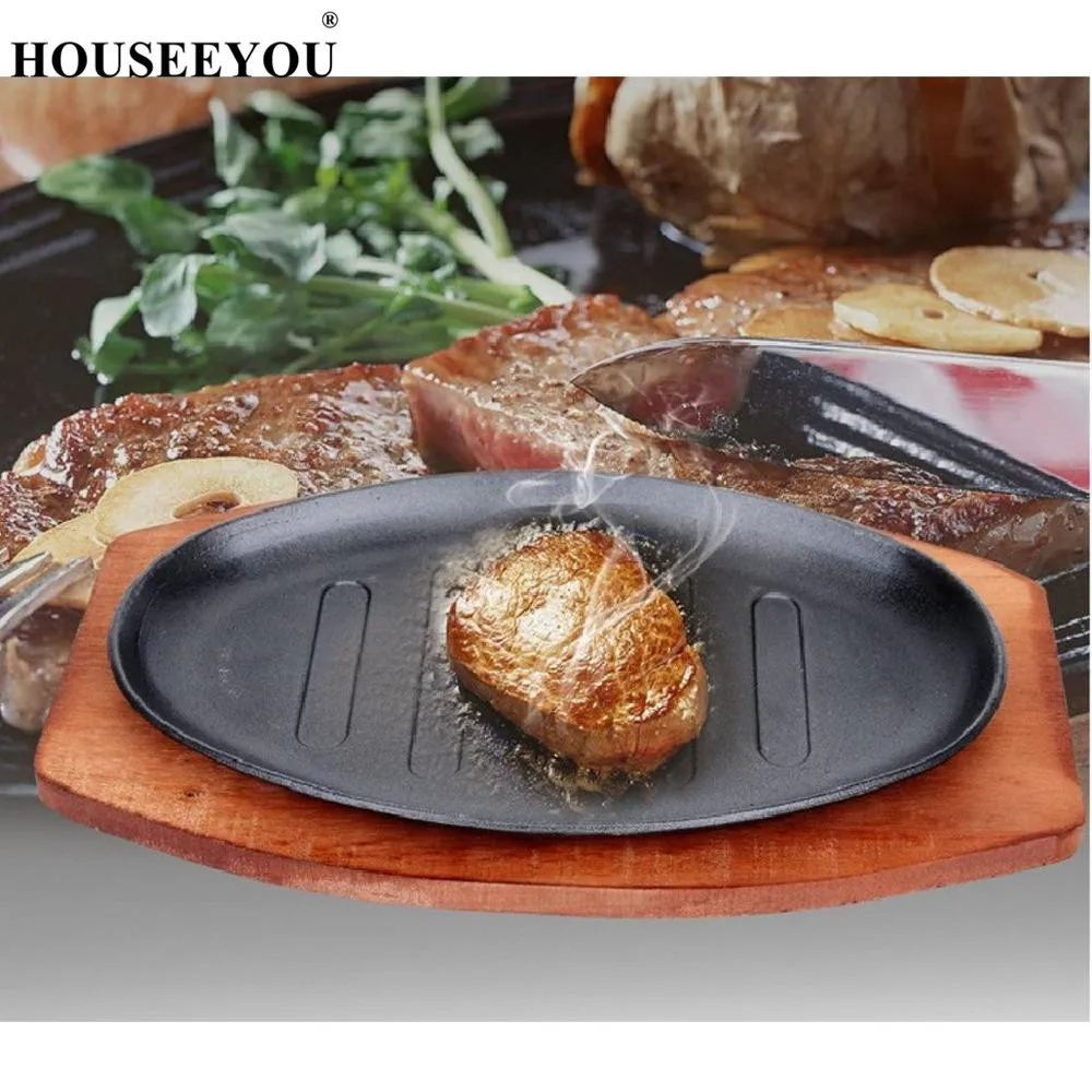 

3 Sizes Cast Iron Roasting Steak Pan Non Stick Roast Enamel Fried Pot Plate Frying Pan with Wooden Base Holder Home Cookware