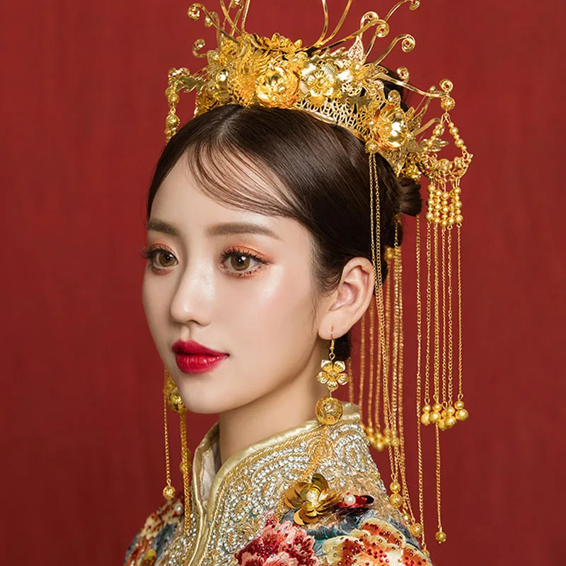

Luxury Wedding Bride Traditional Chinese Hair Accessories Bridal Headdress Gold Tiara Round Crown Hair Jewelry Ornaments Women