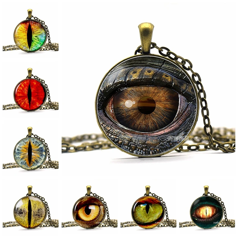 

3 D Evil Dragon Eye Glass Cabochon Necklace Snake Eyes Pendant Vintage Bronze Chain Necklace for Men Women Creative Gift