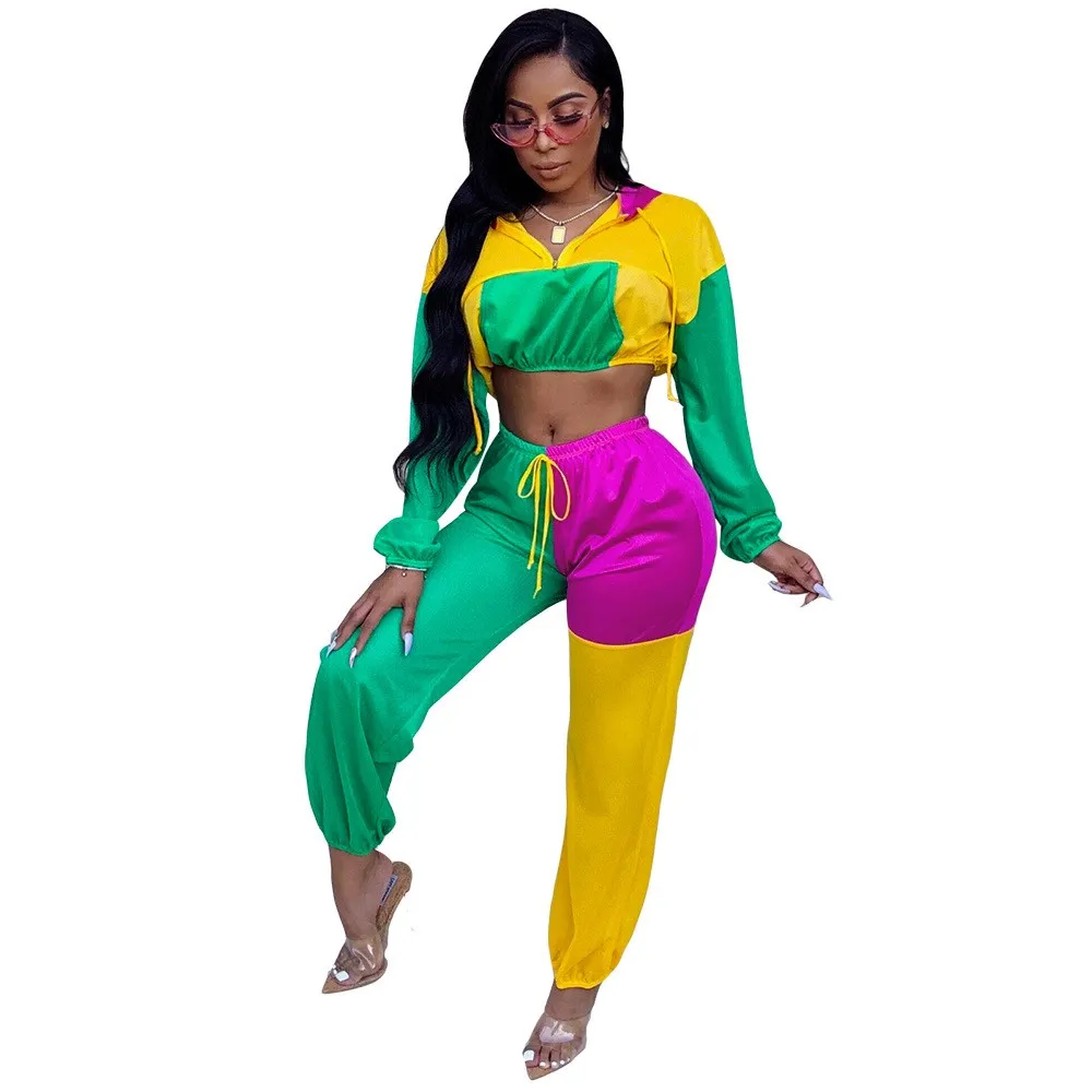 Women Fall Tracksuits Sexy Two Piece Set Colorful Long Sleeve Hoodies Crop Top and Pant Set 2 Piece Outfit Set