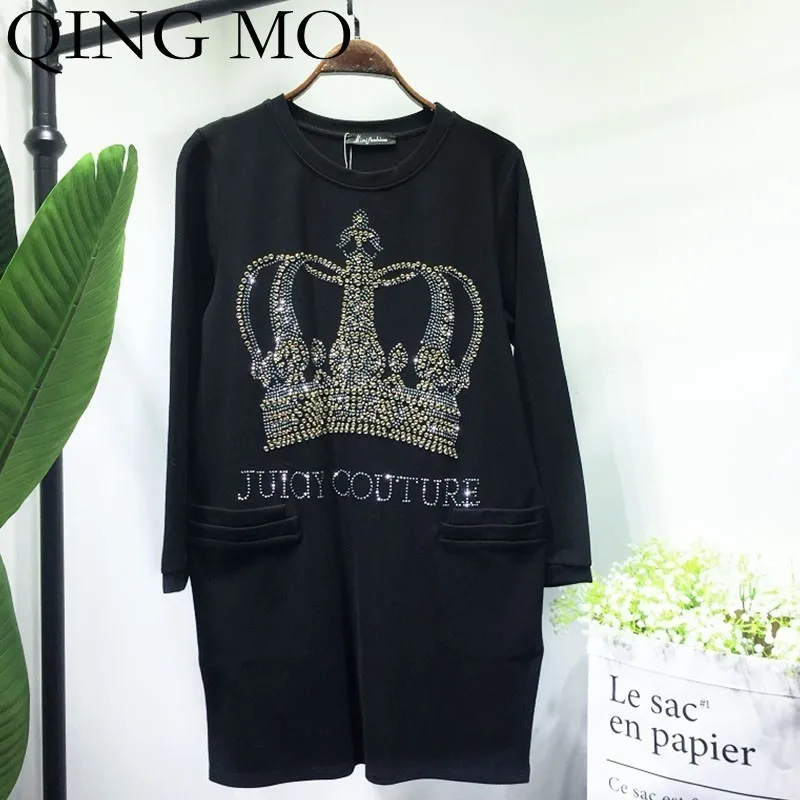 

QING MO Gold Crown Drilling Dress Women Long Sleeve Dress Black Loose T Shirt Dress Casual Summer Tops ZLDM032