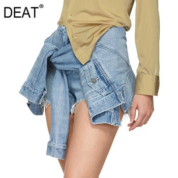 

DEAT 2020 new spring and summer fashion women shorts denim splices with sleeves fake two pieces female sexy WF61405XL