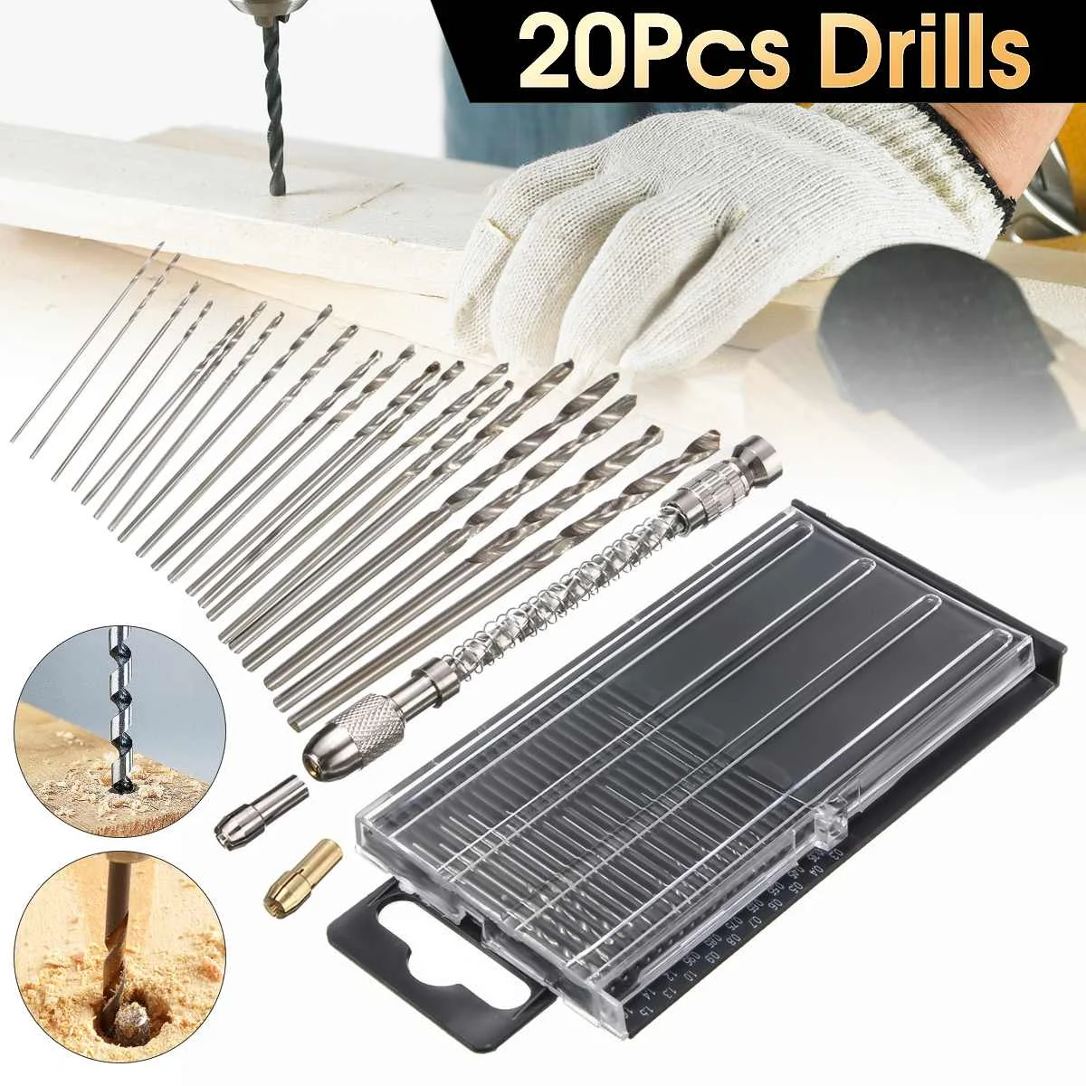 

20Pcs Micro Mini Hand Drill 0.3-1.6mm Straight Shank T wist Drill Bits Sets with Chuck Woodworking Drilling