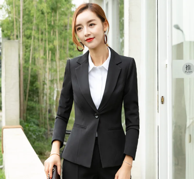 Office Ladies Work Wear Coat Women Blazer Suit Black Winter Elegant Formal Long Sleeve Slim