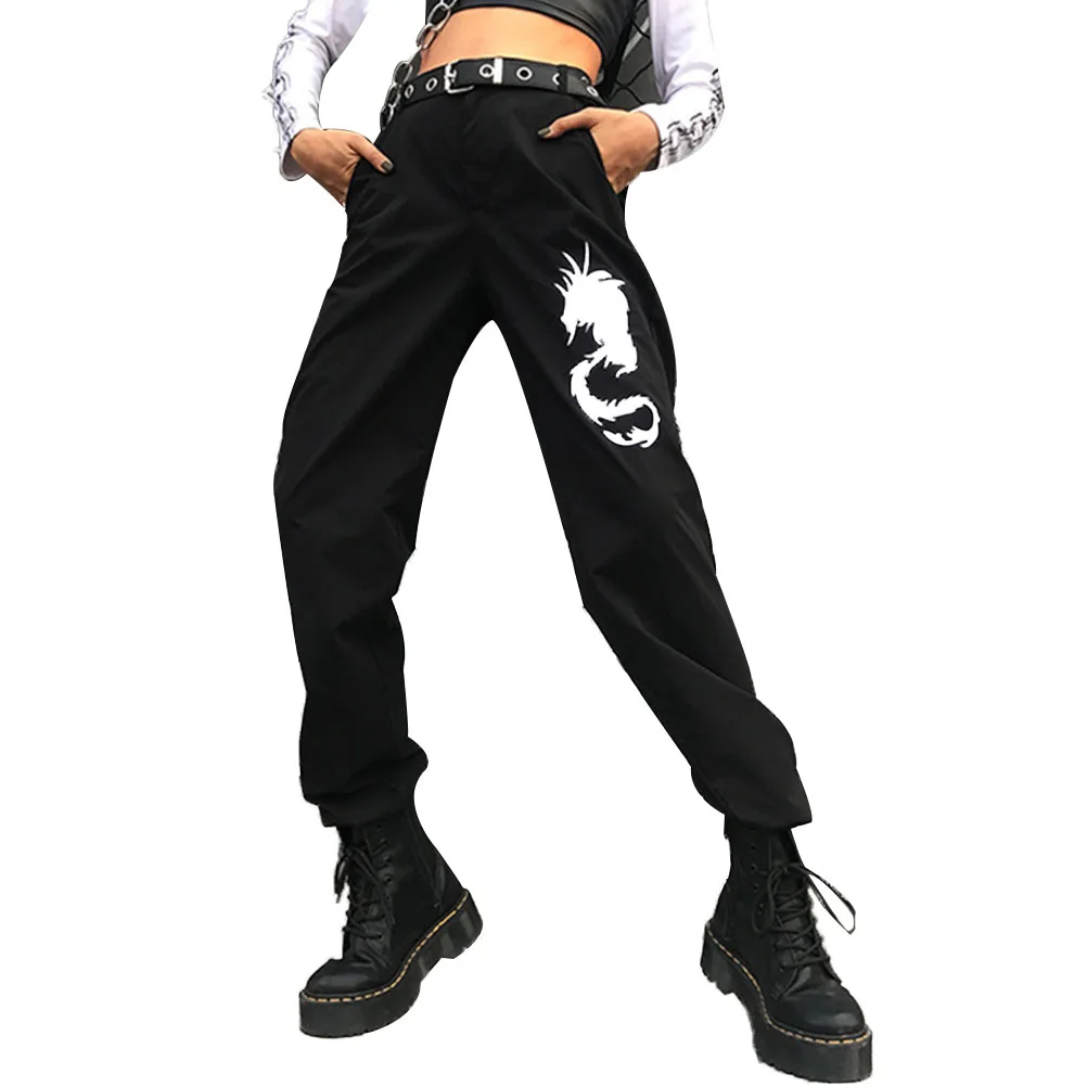 

Black Pants Women Chinese Style Embroidery Dragon-Shaped Casual Long Pants Outwear Female Streetwear Pants