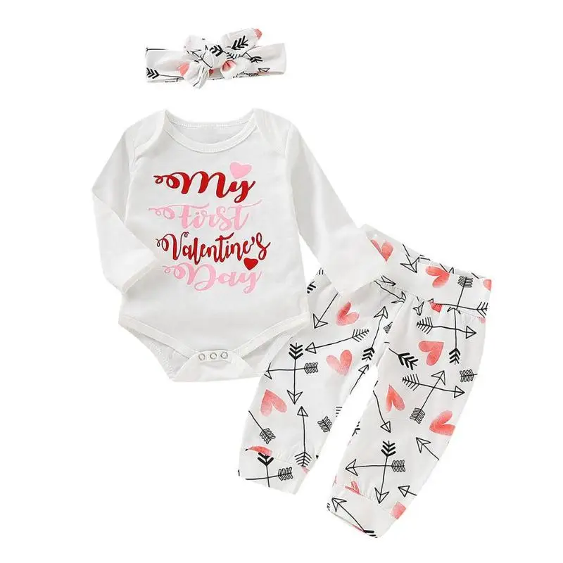 

3pcs Cute Letters Valentines Day Baby Rompers Set Pants Headband Basic Suit