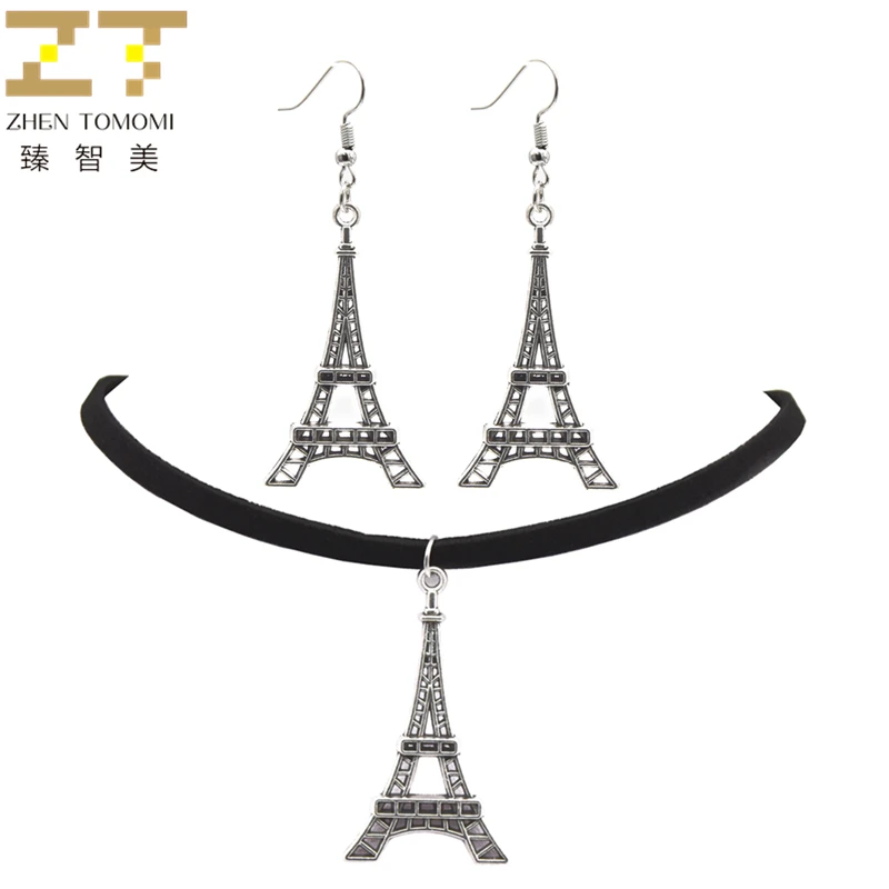 

2019 Fashion Black Velvet Leather Bijoux Vintage Retro Eiffel Tower Pendants Choker Necklace/Drop Earrings Women Jewelry Sets