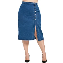 Wipalo размера плюс женская Облегающая джинсовая юбка с разрезом и пуговицами синие однотонные прямые юбки больших размеров до середины икры с пуговицами уличная одежда