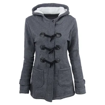 

Horn Button Hooded women thick long coat Wool Blend Overcoat Female Slim Long Hooded Coat Outwear warm Plus Size S-6XL jackets