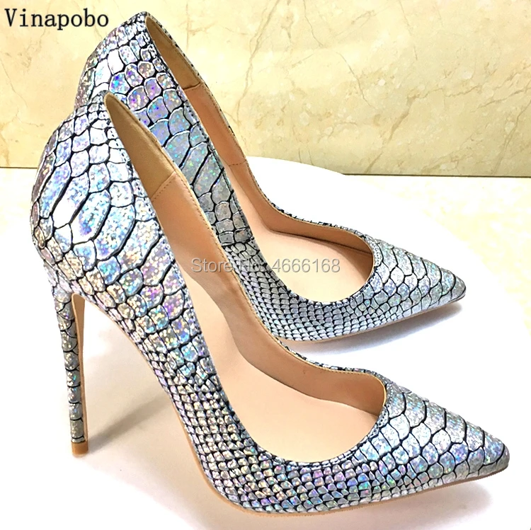 

12cm Stiletto heels Pointed Toe Party Women wedding Shoes Sexy sliver Snake print Women High Heels Slip-on Pump Woman shoes