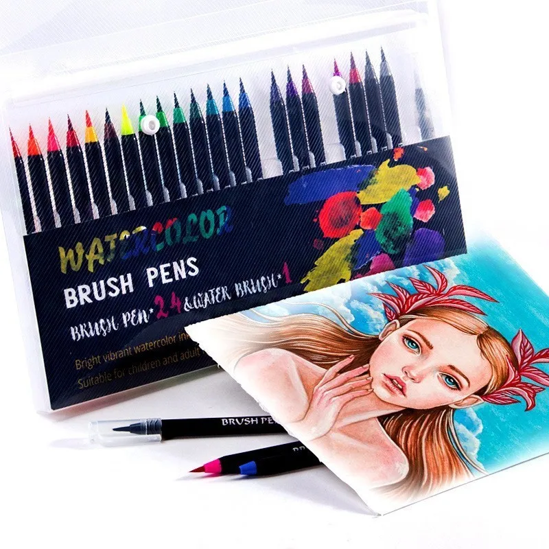 

48+2 Color Premium Painting Watercolor Markers Pen Fine Liner Drawing Art Tip Soft Brush Pen Set School Supplies 04360