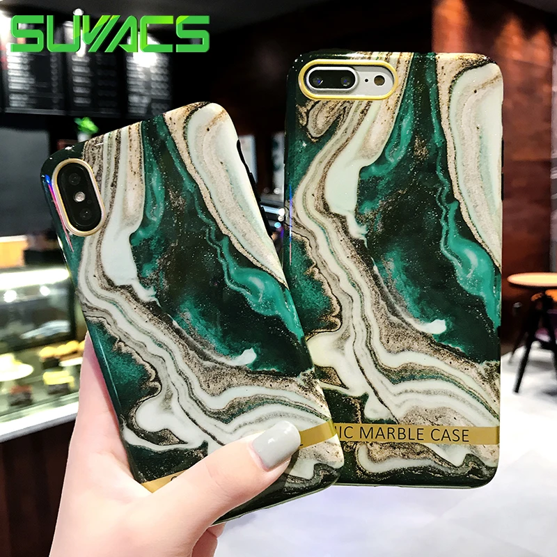 

SUYACS Phone Case For iPhone 6 6S 7 8 9 Plus X XS MAX XR Glossy Hot Cute Green Marble Soft IMD Phone Back Cover Cases Shells