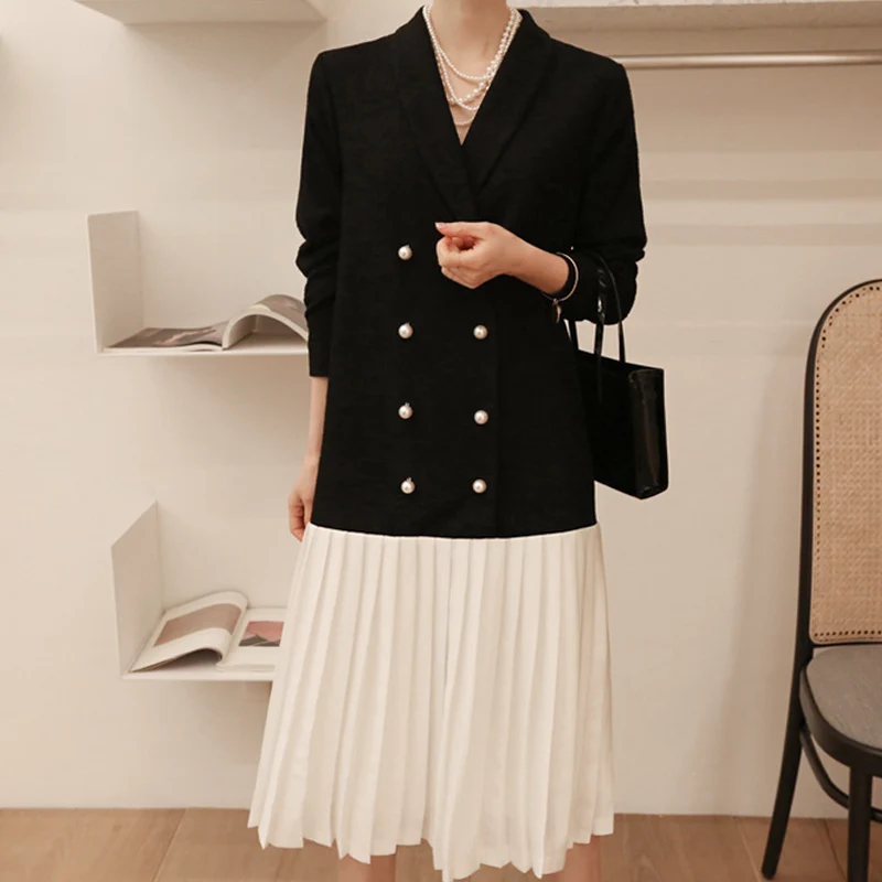 

SHENGPALAE 2019 New Spring Black Patchwork Hem Dresses V Collar Long Sleeve Vintage Fashion Tide Women Korean Dress Tide FL0950