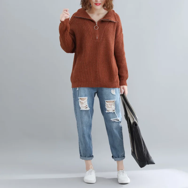 Coffee Sleeve Knitted Solid Zipper Pullovers Sweater Turn Down Winter Buykud Red Batwing Collar Long Women Cotton Casual qgavU