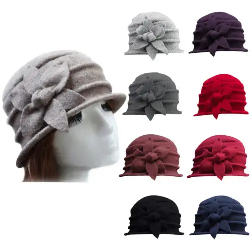 

Women Lady Wool Flower Bucket Hat Winter Warm Church Cloche Beanie Cap New