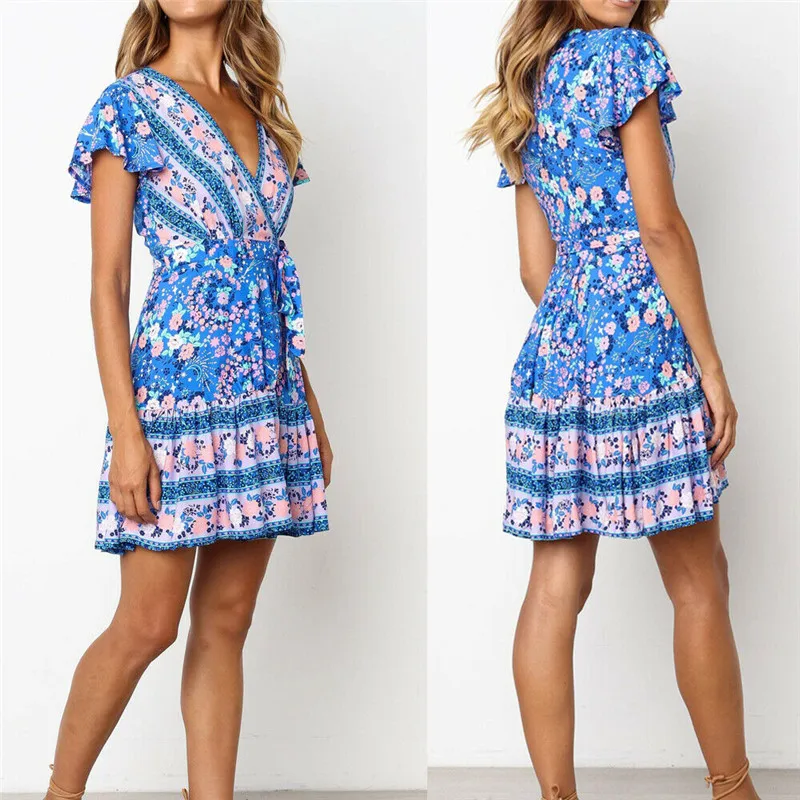 

Summer Women's Bohemian Floral Dress Short Sleeve V-neck Party Beach Blue Mini Dress