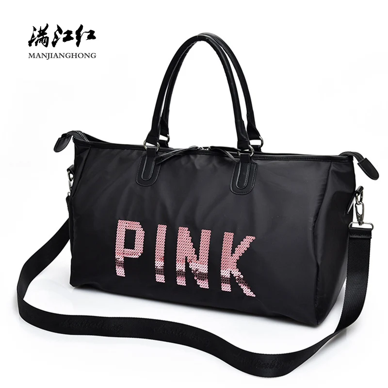 

Nylon Ladies Travel Bags Large Capacity Patchwork Leather Tote Shoulder Bags Women Sequin Pink Letter Design Weekend Duffel Bag