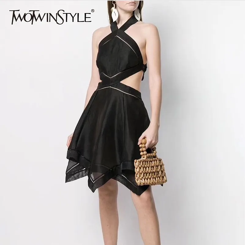 

TWOTWINSTYLE Summer Sleeveless Dress For Women Backless High Waist Bandage Irregular Knee Length Dresses Female 2019 Fashion