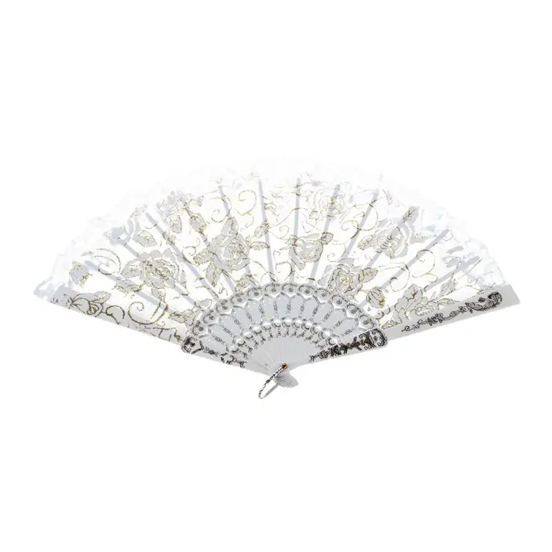 

Chinese Dance Party Wedding Lace Flower Folding Hand Held Flower Fan White
