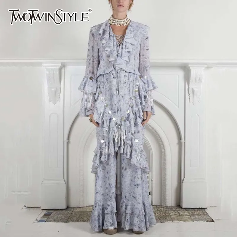 

TWOTWINSTYLE v neck patchwork sequins tassel maxi dresses women Flare Sleeve Ruffle Party Dress Female 2019 Spring Fashion New