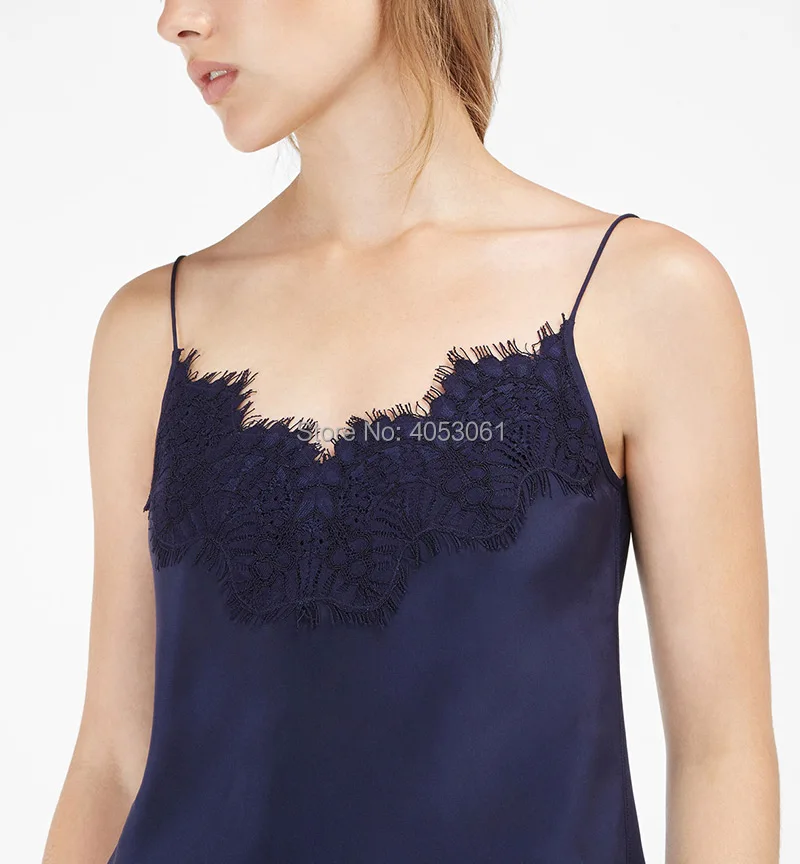 

Silk 100% V Neck Lace Patchwork Embroidery Sleeveless Camis - 2019 Summer White/Black/Navy Women Shirt Camisole Top