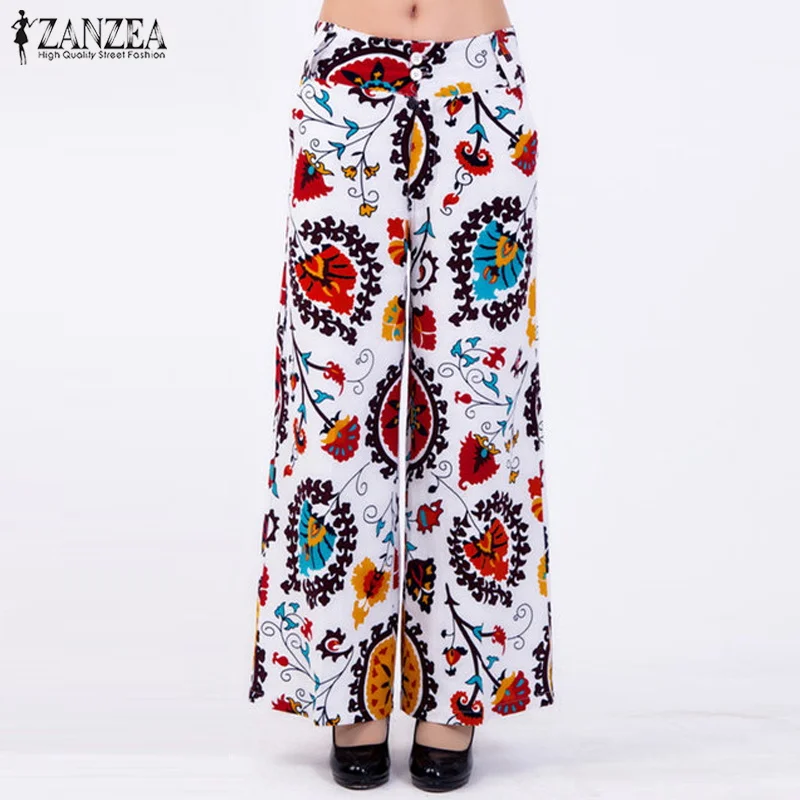 

ZANZEA Women Pants Vintage Nation Floral Print Wide Leg Pants Ladies Zipper Buttons Long Trousers Casual Pockets Pantalon Femme