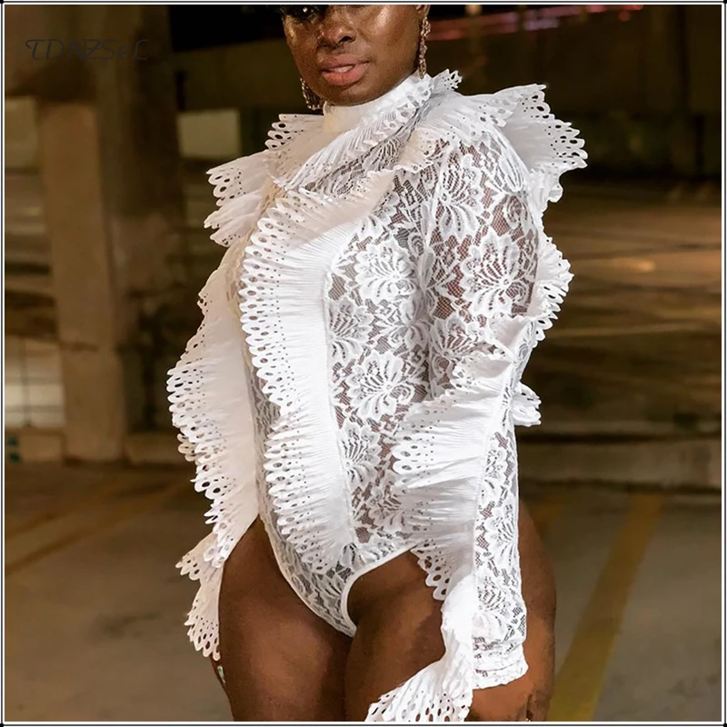 Women Sexy Lace See Through Skinny Bodysuit Long Sleeve Hollow Out Overlay Ruffle Jumpsuit Nightclub Party Turtleneck Playsuit