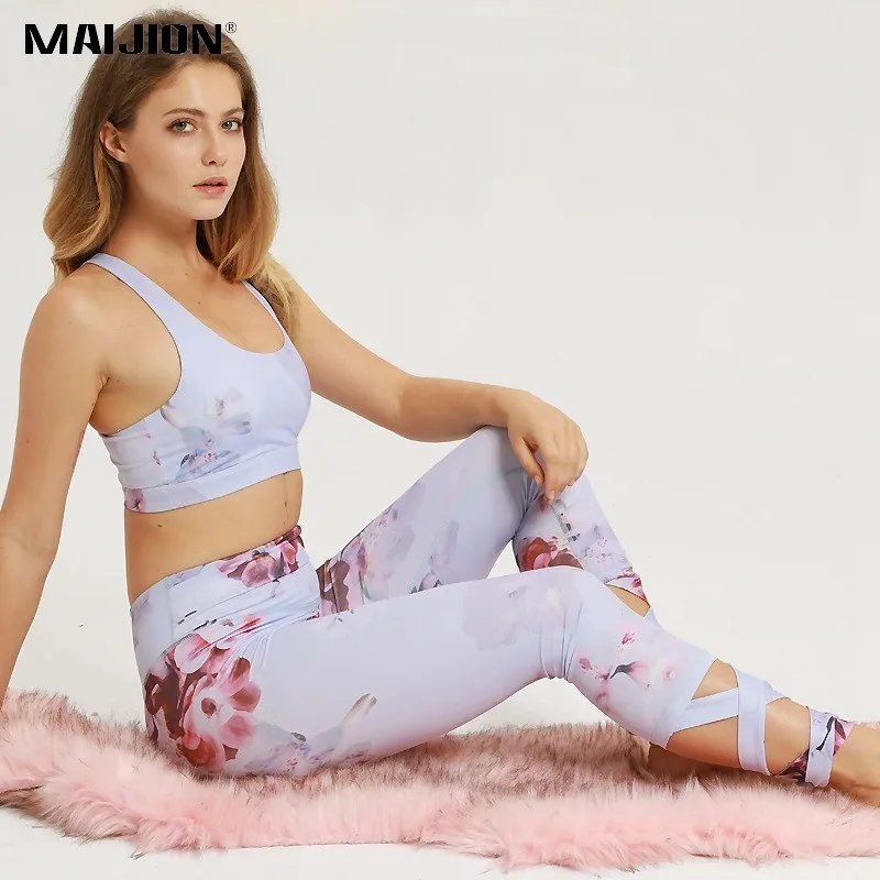 

MAIJION Breathable Slim Gym Yoga Sets Women Fitness Tracksuit Hips Push Up Sexy Sportswear Ladies Crop Set Sport Print Suits