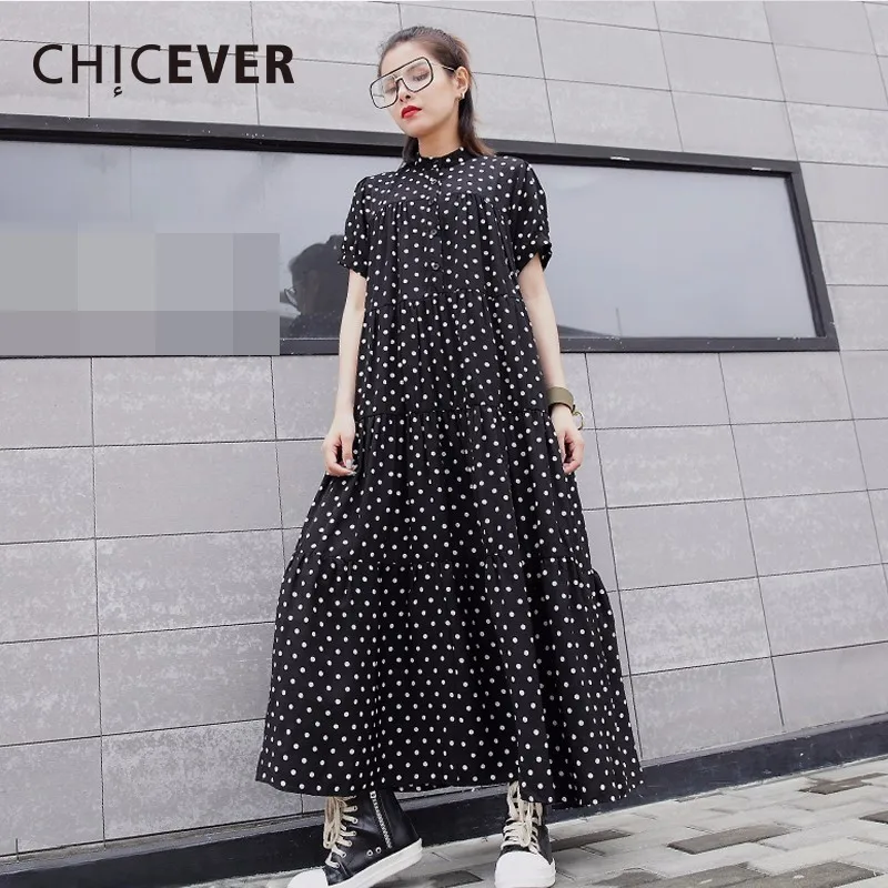 

CHICEVER 2019 Summer Dress For Women Dot Chiffon Short Sleeve Stand Loose big Size Women's Dresses Clothes Fashion Casual New