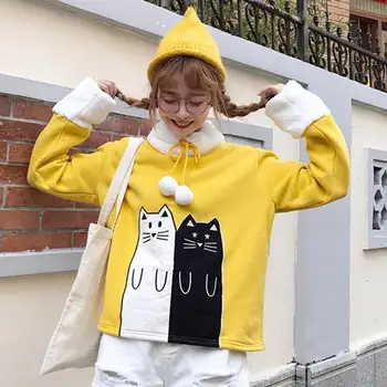 

Cute Cats Print Fleece Christmas Tops Sweatshirt Women Long Sleeve Coat