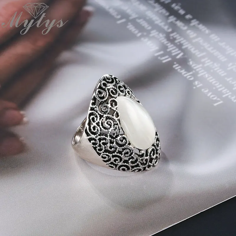 Mytys овальное кольцо с опалом для женщин Античный Черный кружевной узор Ретро Кольца юбилейное ювелирное изделие подарок для матери R1922