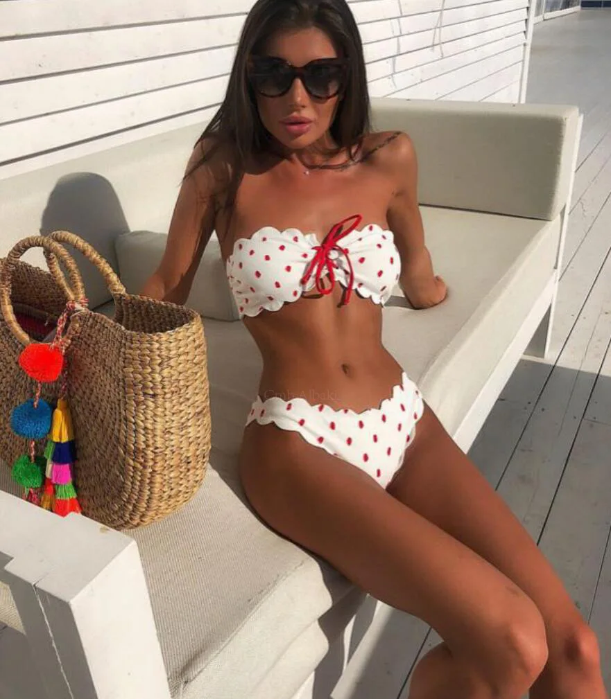 

Summer Swimsuit Polka Dot Printed Swimwear Women String Bandeau Bikini Set Strapless Push-up Bra Bathing Suit