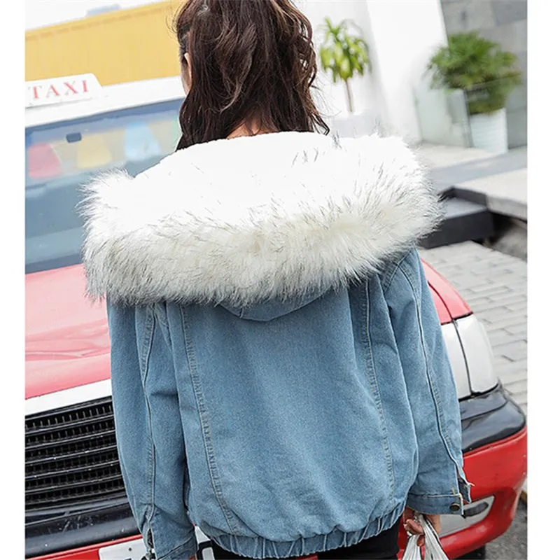 2019 New Women Thick Lambs Short Denim Coat Loose Autumn Hooded Fur Collar Jeans Jacket Pockets Casual Plush Loose Outerwear
