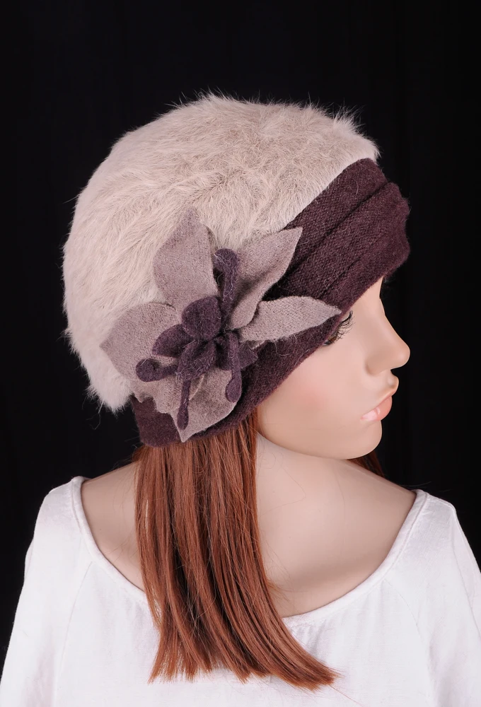 M604 Милая Цветочная зимняя теплая бежевая кроличья шерсть с коричневыми полями, модная женская шапка, шапка бини, выберите цвет
